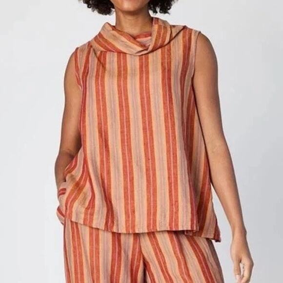 Bryn Walker Etta Red Yellow Striped Woven Cotton Cowl Neck Sleeveless Tank Top S - Picture 1 of 11